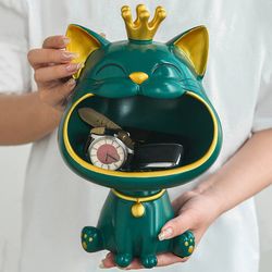 Resin Lucky Cat Sculpture: Multi-functional Miniature Figurine and Storage Box for Modern Living Room Decor