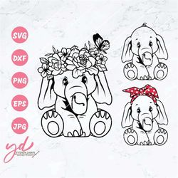 baby elephant svg | elephant svg | cute svg | floral elephant svg | elephant with flowers | elephant with bandana | elep