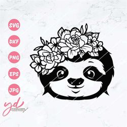 Floral Sloth Svg | Sloth With Flowers Svg | Sloth Svg | Baby Sloth Svg | Cute Sloth Face Svg | Sloth Face Svg | Flower C