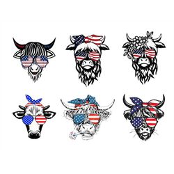 Patriotic Highland Cow SVG, 4th of July SVG, Usa Flag Bandana Sunglasses, Heifer, Png, Files For Cricut, Sublimation Des