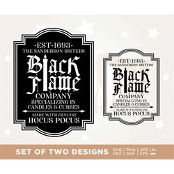 Black Flame Company Label Parody PNG, Hocus Pocus SVG, Sanderson Sisters Witches Witch Halloween Candles Curses, watersl