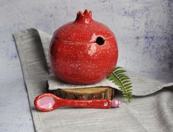 Pomegranate ceramic sugar bowl with lid and spoon, red fruit kitchen jar, ceramic pomegranate pot, red spice holder.