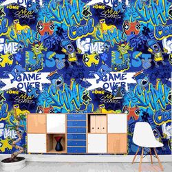 cartoon graffiti wallpaper game room decor blue graffiti mural wallpaper urban wall art