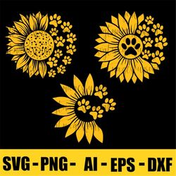 Sunflower Paw Svg, Sunflower Svg, Paw Print Svg, Svg cut file, Cricut, Silhouette, Instant Download, Dxf, Vector File, C
