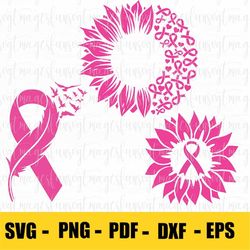 Sunflower Breast Cancer Bundle SVG, Feather Breast Cancer svg, Breast Cancer Awareness Svg, Pink Ribbon Svg, Svg cut fil