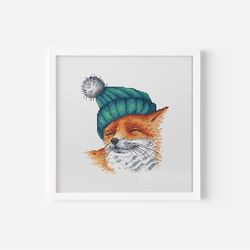 Fox Cross Stitch Pattern PDF, Animal Cross Stitch, Cute Hat Counted Cross Stitch, Funny Fox Instant Download Embroidery