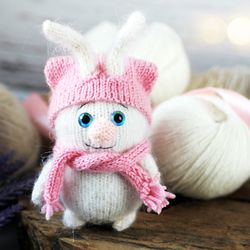 white knitted bunny toy, stuffed animal rabbit toy, plushie amigurumi doll, bunny figurine knitted toy, amigurumi bunny