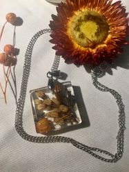 Village necklace,field grass,poppy and linen heads pendant,unique handmade jewellery gift for her