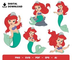 05 Clipart - Bundle Layered Svg, Baby Ariel, Little Mermaid, Baby Shower, Digital Download, Clipart, PNG, SVG, Cut File