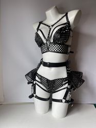 Sexy harnss set, Genuine leather bra panties, laser cut harness, women's leather harness, whip and cake