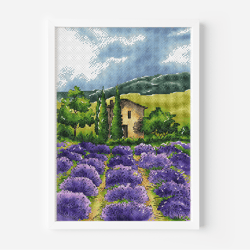 Charming Country Home Cross Stitch Pattern, Adorable House with Lavender Field Counted Cross Stitch Country House