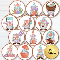 SET of 12 Funny Easter Gnomes Cross Stitch Pattern, Easy Cute Gnome Easter Ornaments Embroidery, Counted Chart