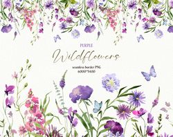 Watercolor purple wildflowers seamless border, Botanical  floral clipart Digital download PNG