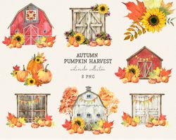 Autumn Pumpkin Barn watercolor clipart, Fall Farm house, Thanksgiving clip art Digital download
