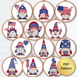 SET of 12 Funny USA Patriot Gnome Cross Stitch Pattern, Easy Cute Gnome 4th July America Embroidery, Counted Chart