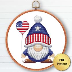 USA Patriot Gnome Cross Stitch Pattern, Easy Cute 4th July, America Independence, Embroidery, Counted Chart, Modern