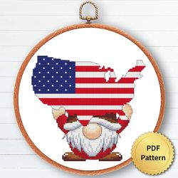USA Patriot Gnome Cross Stitch Pattern, Easy Cute 4th July, America Independence, Embroidery, Counted Chart, Modern