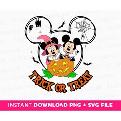 Mouse and Friend Halloween Svg, Mouse Ear Halloween Pumpkin, Spooky Vibes, Trick Or Treat, Bats and Web, Png File For Su