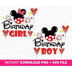 Bundle Birthday Girl and Boy Svg, Happy Birthday Svg, Mouse Ear and Balloons Birthday, Mathcing Couple Birthday, Png Fil