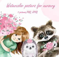 Watercolor posters for nursery, animals, girl, hedgehog, hare, bunny, rabbit, cute art, raccoon, girl from the back