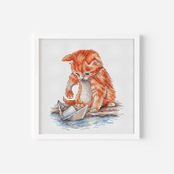 Red Cat Cross Stitch Pattern PDF, Paper Boat Cross Stitch, Cute Kitten Counted Cross Stitch Funny Kitty Instant Download