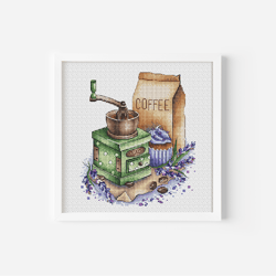 Coffee Cross Stitch Pattern PDF, Coffee Grinder Counted Cross Stitch, Flower Embroidery Design, Digital Download