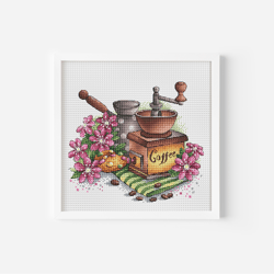 Coffee Cross Stitch Pattern PDF, Coffee Wall Art, Pink Flower Hand Embroidery, Coffee Lover Gift Vintage Coffee Grinder