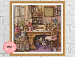 Cross Stitch Pattern,Watercolor,Sewing Room,Pdf,Instant Download,Interior Design,Full Coverage