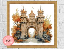 Cross Stitch Pattern,Magical Autumn Castle Gate,Medieval Castle,Pdf, Instant Download ,Landscape,Nature Scene,Needlework