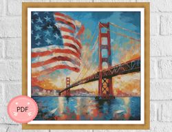 Cross Stitch Pattern,Painting of a bridge with a flag,Instant Download,Patriot Day,4th July,American History