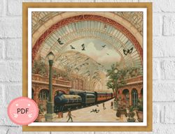 Cross Stitch Pattern ,Old Train Station ,Pdf , Instant Download,Famous Painting,Nature,Full Coverage