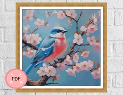 Cross Stitch Pattern , Bird Sitting On Branch Cherry Tree,Cherry Blossom Tree ,Instant Download,Watercolor Sakura
