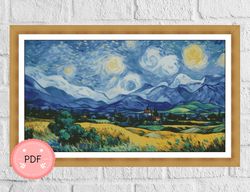 Cross Stitch Pattern,Landscape With Starry Sky,Pdf,Instant Download,The Starry Night ,Vincent Van Gogh Inspired