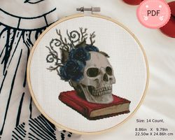 Halloween Cross Stitch Pattern,Skull With Magic Book,Black Rose,Skull X Stitch Chart, Instant Download,Pdf, Scary Night