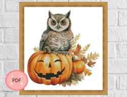 Halloween Cross Stitch Pattern,Owl With Pumpkin,Pdf Instant Download,Spooky X Stitch Chart,Trick Or Treat