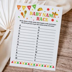 Baby Name Race Game Mexican Baby Shower, Mexican Fiesta Baby Shower Game Baby ABC Name, Baby Name Race Alphabetical Game