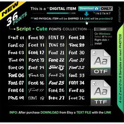 36 Script-Cute FONT Collection ready to install on Windows / Mac - Instant Download -- 36 Files TOTAL (1 .zip)