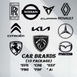 Car Brands (10 Logos) cut svg dxf file wall sticker pdf silhouette engraving template cnc cutting router digital vectord