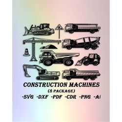 Construction Machines Set (8 pcs) svg cut dxf file wall sticker pdf silhouette engraving template cnc cutting router dig