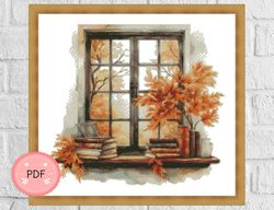 Book Cross Stitch Pattern,Autumn Window With Books,Watercolor, Pdf Instant Download,Nature Scene