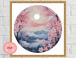 Cross Stitch Pattern,Cherry Blossom With Asian Landscape,Instant Download,Japanese Art,Japan,Asian Landscape,Sakura