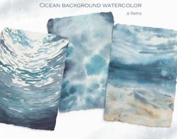 Ocean backgrounds in watercolor. Sea, waves, seabed clipart. Textures. 6 items. JPG
