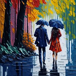 Colorful thick oil palette knife of couple walk in rainy park