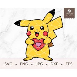 Pikachu Valentine SVG, Pikachu Heart SVG, Holding Heart SVG, Love, svg png jpg dxf eps Cricut Silhouette Cutting Files