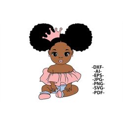 baby princess svg, afro girl svg, girl with crown svg, hair puffs, black woman, pink shoes, little cute kid, african ame