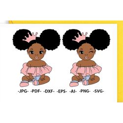 baby princess svg, afro girl svg, girl with crown, hair puffs, black woman, little cute kid, african american