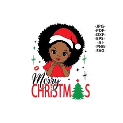 Christmas Girl Svg, Afro Girl Svg, Merry Christmas Svg, Cute Little Girl Svg, Puff Hair, Red Hat, Christmas Clipart, Svg