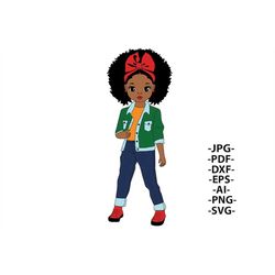 Afro Girl Svg with Green Jacket, Blue Jeans, Black Girl Svg with Red Shoes, Fashion Afro Svg, Sweet Girl Svg, Little Cut