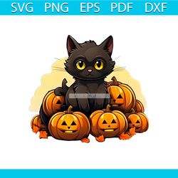 Halloween Black Cat And Pumpkins PNG Download File