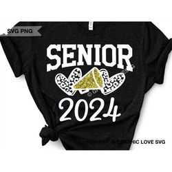 Senior 2024 Svg Png, Leopard Cheerleader Graduation Glitter Gold Megaphone, Cheetah Cheer Senior 2024 Svg, Class of 2024